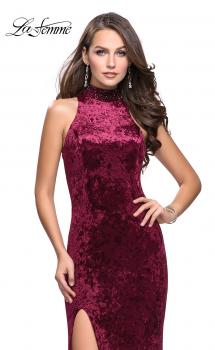 Picture of: Long Crushed Velvet Prom Dress with Beaded Choker in Burgundy, Style: 25783, Main Picture