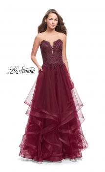 Picture of: Long Strapless Ball Gown with ruffle Tulle Skirt and Beads in Burgundy, Style: 26242, Main Picture