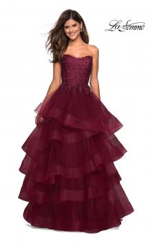 Picture of: Strapless Floor Length Layered Tulle Prom Gown in Burgundy, Style: 27291, Main Picture