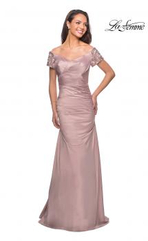 Picture of: Satin Off the Shoulder Dress with Beaded Sleeves in Champagne, Style: 25996, Main Picture