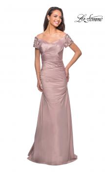 Picture of: Satin Off the Shoulder Dress with Beaded Sleeves in Champagne, Style: 25996, Main Picture