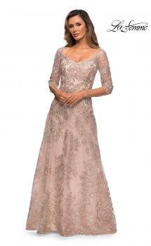 Picture of: Long Lace A-line Three Quarter Sleeve Gown in Champagne, Style: 28053, Main Picture