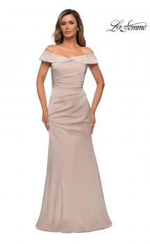 Picture of: Off the Shoulder Satin Evening Gown with Ruching in Champagne, Style: 28110, Main Picture