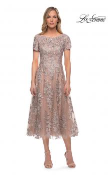 Picture of: Tea Length Mother of the Bride Dress with Short Sleeves in Champagne, Main Picture