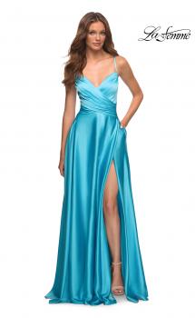 Picture of: Bright Satin Gown with Criss-Cross Ruched Top in Blue, Style: 30662, Main Picture