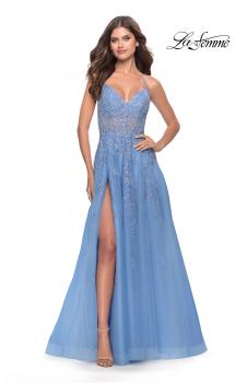 Picture of: A-Line Tulle Prom Dress with Lace Applique Sheer Bodice in Cloud Blue, Style: 31284, Main Picture