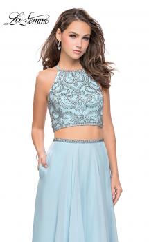 Picture of: Long Two Piece Dress with Beading and Strappy Back in Cloud Blue, Style: 25469, Main Picture