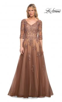 Picture of: A-line Tulle Gown with Floral Lace Detail and V-Neck in Cocoa, Style: 27908, Main Picture