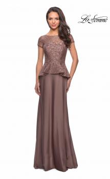 Picture of: Long Satin Dress with Lace Peplum Style Bodice in Cocoa, Style: 25887, Main Picture