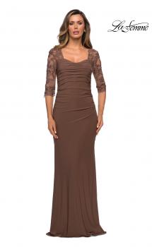 Picture of: Jersey Gown with Sheer Lace Sleeves and Ruching in Cocoa, Style: 28056, Main Picture