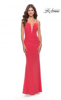 Picture of: Net Jersey Gown with Jeweled Detail in Deep V Neckline in Neon in Coral, Style: 31424, Main Picture