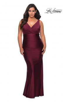 Picture of: Simple Jersey Plus Size Gown with Faux Wrap Bodice in Burgundy, Style: 29028, Main Picture