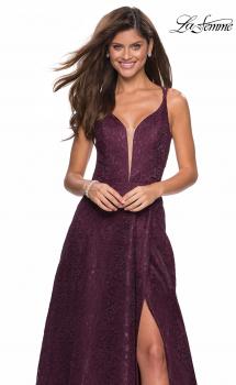 Picture of: Lace Prom Dress with Illusion Neckline and Slit in Burgundy, Style: 27612, Main Picture