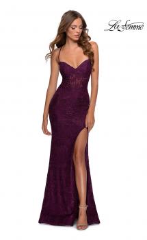 Picture of: Lace Prom Gown With Sheer Bodice and Tie Up Back in Burgundy, Style: 28534, Main Picture