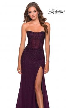 Picture of: Rhinestone Strapless Tulle Dress with Sheer Bodice in Burgundy, Style: 28621, Main Picture