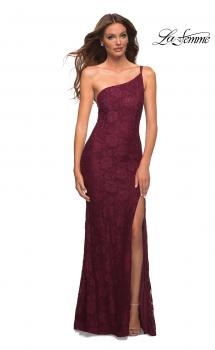 Picture of: One Shoulder Long Lace Prom Dress with Open Back in Dark Berry, Main Picture