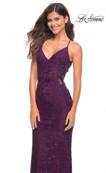 Picture of: Lace Prom Dress with Illusion Embellished Sides in Dark Berry, Main Picture