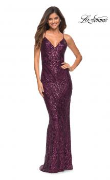 Picture of: Print Sequin Gown in Jewel Tones with V Neckline in Dark Berry, Main Picture