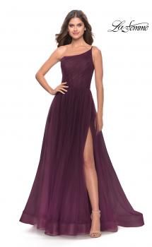 Picture of: One Shoulder A-Line Tulle Gown with Sheer Bodice in Dark Berry, Style: 31069, Main Picture