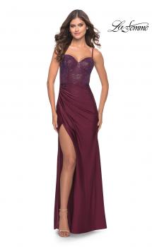Picture of: Jersey Long Dress with Sheer Rhinestone Embellished Bodice in Dark Berry, Style: 31244, Main Picture