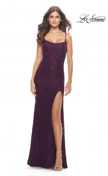 Picture of: Simple Stretch Lace Dress with Slit in Dark Berry, Style: 31259, Main Picture