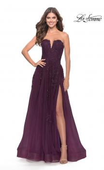 Picture of: Strapless Deep V A-Line Tulle and Lace Gown in Dark Berry, Style: 31345, Main Picture