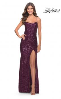 Picture of: Lace Up Back Sequin Gown with Flare Skirt in Dark Berry, Style: 31508, Main Picture