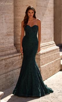 Picture of: Mermaid Stretch Lace Dress with Bustier Top and Sheer Back in Dark Emerald, Style: 32249, Main Picture