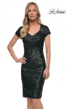 Picture of: Knee Length Sequin Dress with Short Sleeves in Dark Emerald, Main Picture