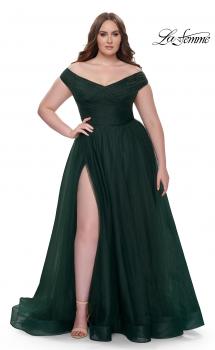 Picture of: A-Line Tulle Off the Shoulder Plus Size Dress with Slit in Dark Emerald, Style: 32204, Main Picture