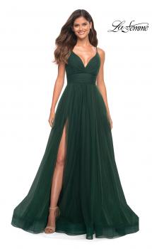 Picture of: A-line Tulle Gown with V Neckline and Pockets in Dark Emerald, Main Picture