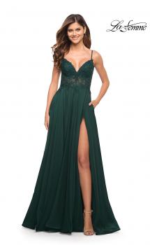 Picture of: A-line Gown with Sheer Floral Embellished Bodice in Emerald in Dark Emerald, Style: 30639, Main Picture