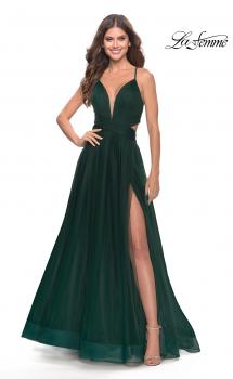 Picture of: Tulle Ball Gown with Side Cut Outs and High Slit in Dark Emerald, Style: 31347, Main Picture