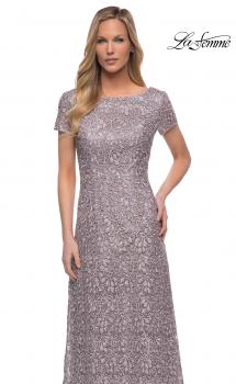 Picture of: Embroidered Lace Long Gown with Short Sleeves in Dark Mauve, Main Picture