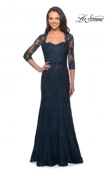 Picture of: Elegant Lace Gown with 3/4 Sleeves and Rhinestones in Dark Teal, Style: 25369, Main Picture