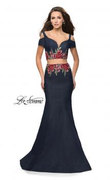 Picture of: Denim Two Piece Prom Dress with Floral Applique in Dark Wash, Style: 25848, Main Picture