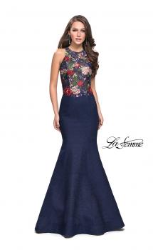 Picture of: High Neck Denim Mermaid Gown with Floral Print in Dark Wash, Style: 25885, Main Picture