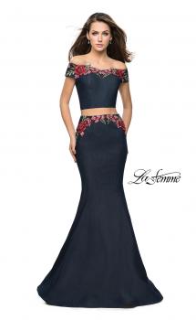 Picture of: Denim Off the Shoulder Floral Two Piece Prom Dress in Dark Wash, Style: 25924, Main Picture