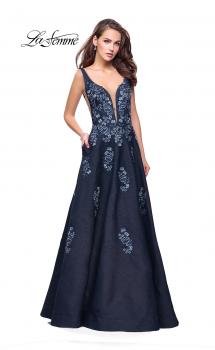 Picture of: Denim A-line Ball Gown with Floral Embellishments in Dark Wash, Style: 26265, Main Picture
