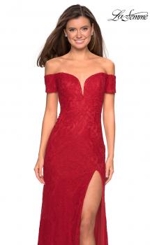 Picture of: Off The Shoulder Long Stretch Lace Prom Dress in Deep Red, Style: 26998, Main Picture