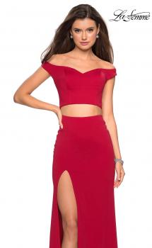 Picture of: Faux Two Piece Long Off the Shoulder Prom Dress in Deep Red, Style: 27496, Main Picture