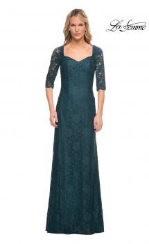 Picture of: 3/4 Sleeve Long Lace Gown with Rhinestone Accents in Deep Teal, Style: 25526, Main Picture