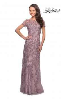 Picture of: Floral Beaded Evening Dress with Sheer Cap Sleeves in Dusty Lilac, Style: 27956, Main Picture