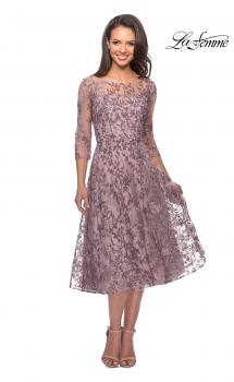 Picture of: Tea Length Embroidered Dress with Sheer Sleeves in Dusty Lilac, Style: 27971, Main Picture