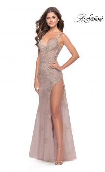 Picture of: Lace Long Dress with High Side Slit and V Neckline in Dusty Mauve, Style: 31126, Main Picture