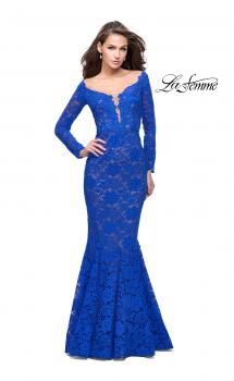 Picture of: Long Sleeve Lace Mermaid Prom Dress with Metallic Beads in Electric Blue, Style: 25607, Main Picture