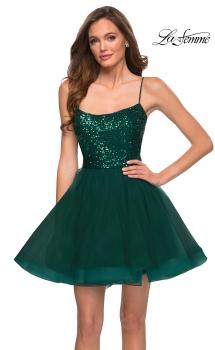 Picture of: Tulle and Sequin Short Party Dress with Corset Back in Emerald, Style: 29237, Main Picture