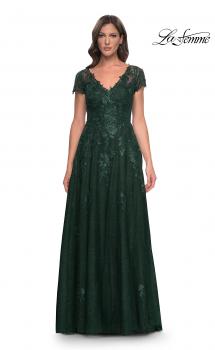 Picture of: A-Line Dress with Lace Applique and Sheer Short Sleeves in Emerald, Style: 30168, Main Picture