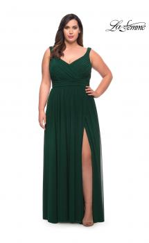 Picture of: Net Jersey Plus Size Long Dress with Slit and V Neck in Emerald, Style: 29075, Main Picture