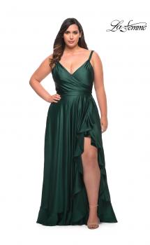 Picture of: Ruffle Slit Satin Long Plus Size Dress with V Neck in Emerald, Style: 29740, Main Picture